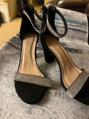 TOP Moda Black Block Heel Sandals with Rhinestone Straps